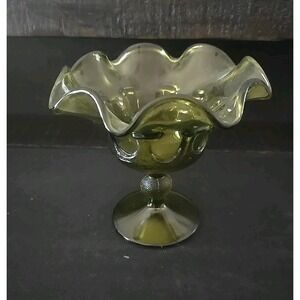 Vintage Green Glass Ruffled Edge Footed Candy Dish Bowl Compote Decor 5.25" tall